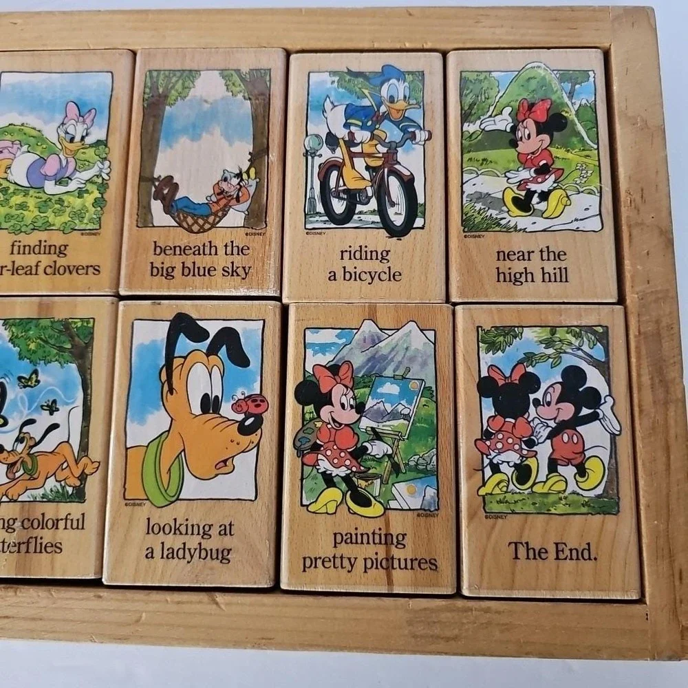 Vintage Disney Mickey Minnie Mouse Friends Wooden Story Blocks Puzzle Toy Tray‎